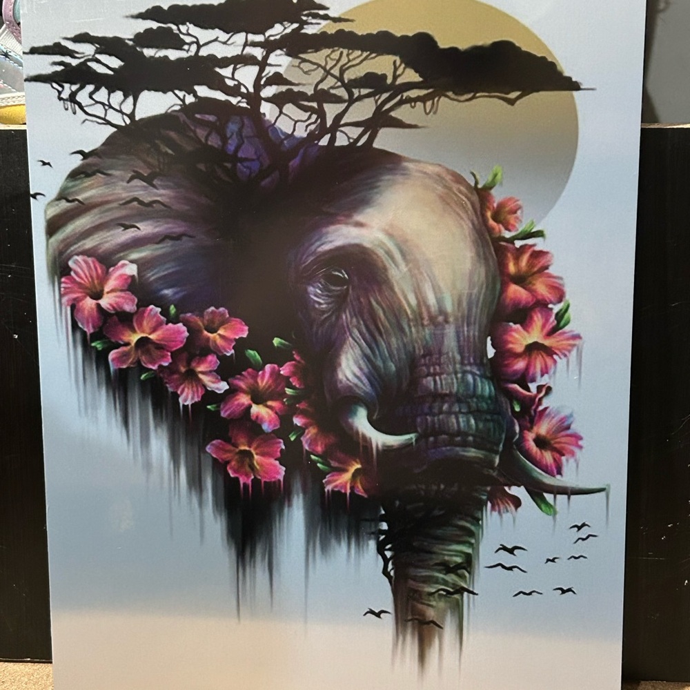 Elephant Art Print with Pink Flowers